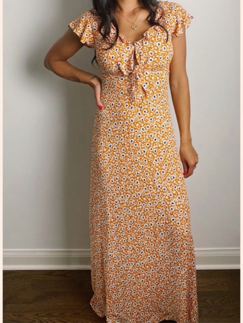 Olivaceous Mustard Floral Tie-Front Maxi Dress